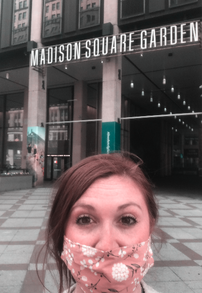 Nici Rogers wearing mask in front of Madison Square Garden