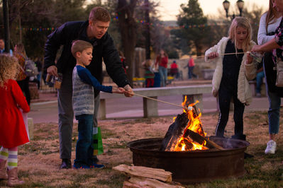 Family roasting marshmallows around a firepit