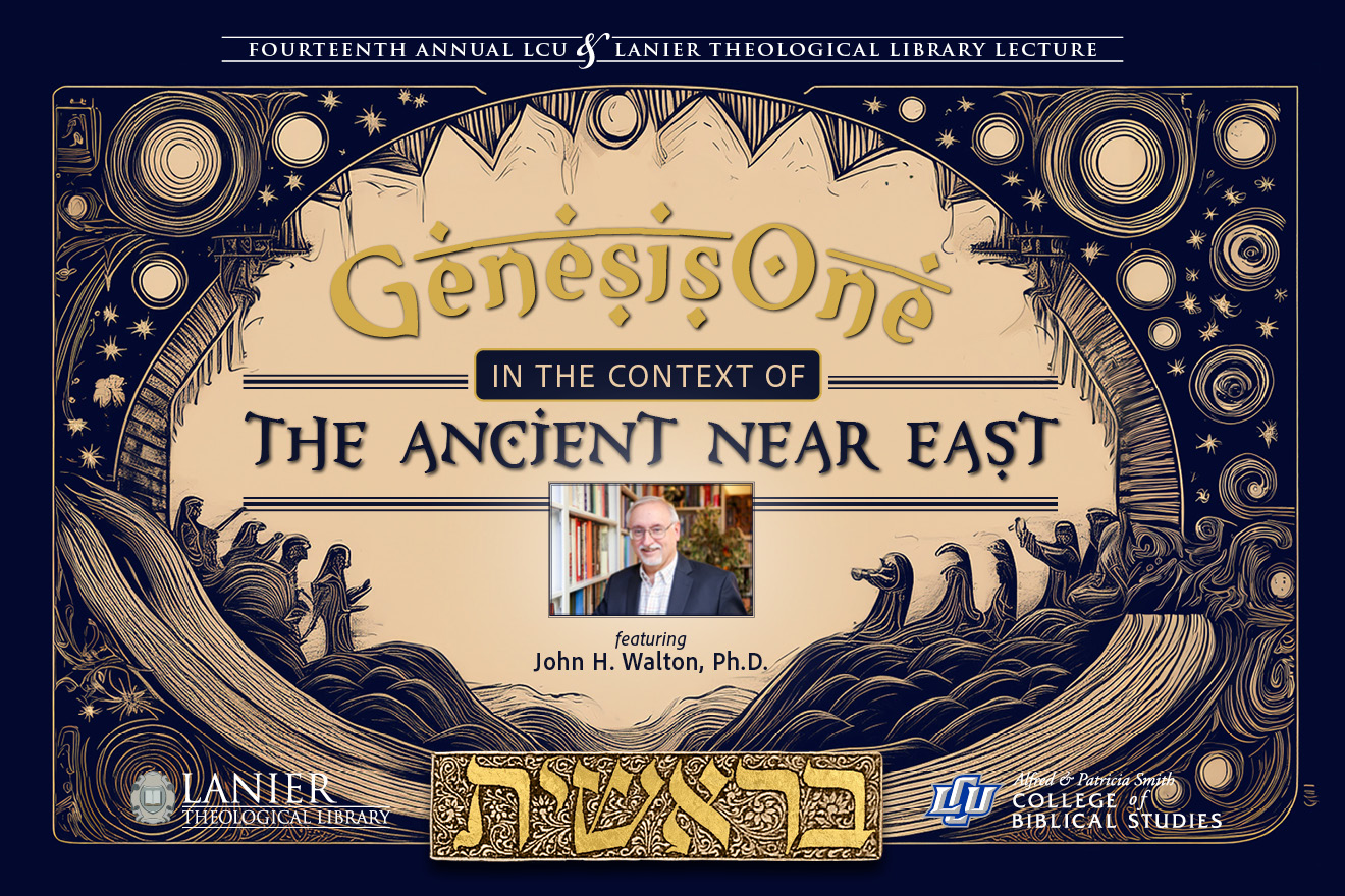 Artistic graphic depicting the sun and stars over waters with Hebrew lettering, and the words "Genesis One in the context of the Ancient Near East, featuring John H. Walton, Ph.D." and a photograph of Dr. John Walton below