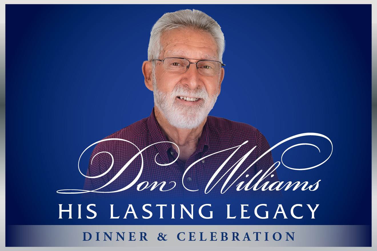 Portrait of Don Williams on a blue background with the words, "Don Williams: His Lasting Legacy, Dinner & Celebration"